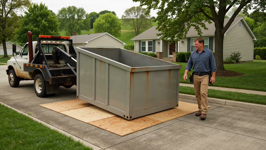 Roll-off dumpster on driveway protection boards at a Fayetteville residential remodel